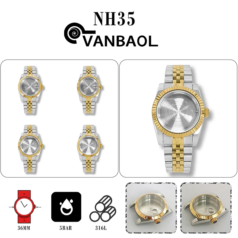 

Golden dense bottom 36 mm oyster type motion between sapphire glass of weight steel strip/dog tooth ring shell fitness NH35/36