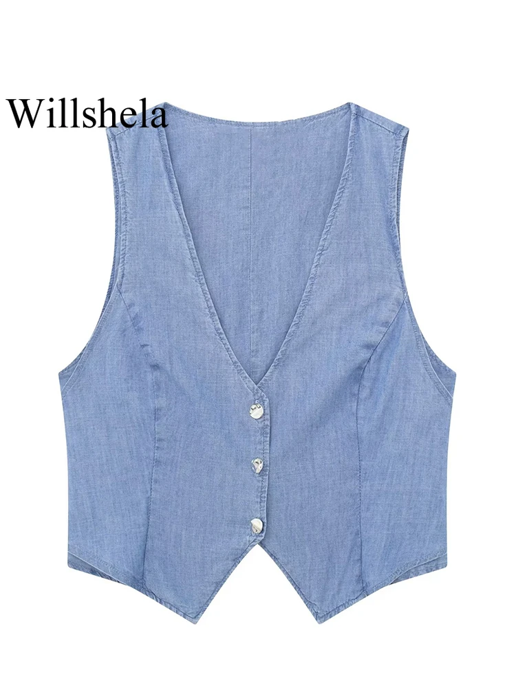

Willshela Women Fashion Blue Single Breasted Vest Sleeveless Jackets Vintage V-Neck Waistcoat Female Chic Lady Tank Tops