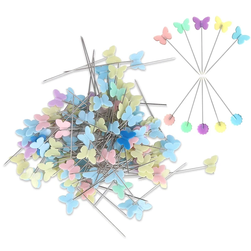 

400 шт., прямые швейные булавки с плоской головкой и цветными головками бабочки