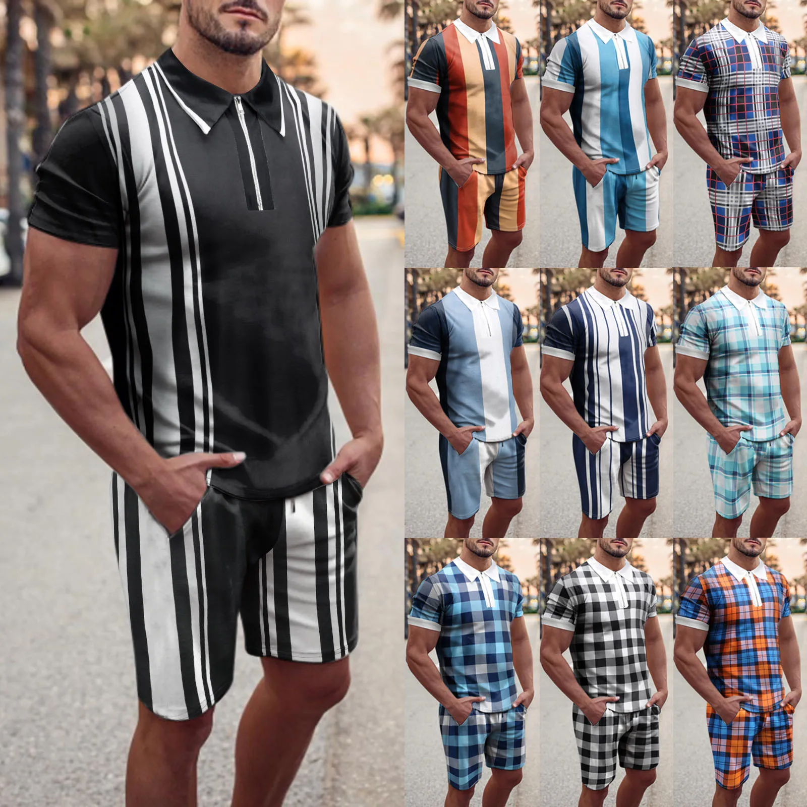 

Men's Striped Polo Shirt Running Sports 2PC Suits Cotton Fitness Set Zipper Striped T-shirt+Jogging Shorts Male Casual Tracksuit