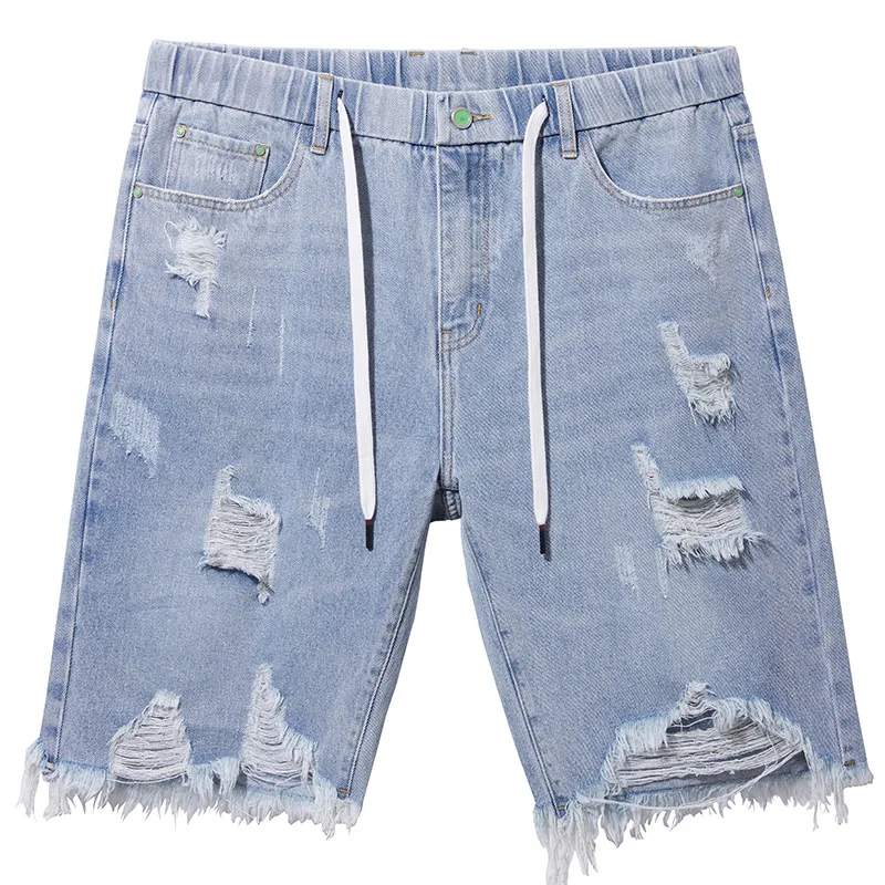 2023 New Little Cow Summer Elastic Elastic Waist Men's Denim Shorts Loose High Elastic Comfortable Mid-waist Denim Mid-pants