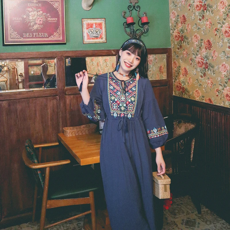 

Платье в этническом стиле из хлопка и льна, праздничное модное китайское летнее платье с машинной вышивкой, соблазнительное, в стиле Харадзюку, четыре цвета