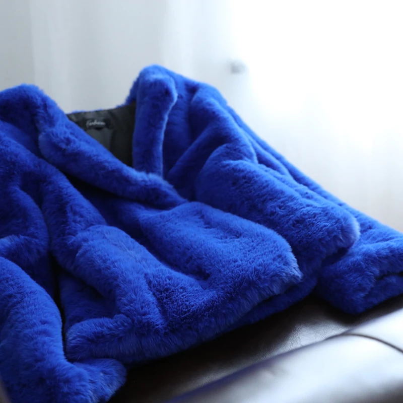 Long Sleeve Fur Coat New Women's Fashion Blue Environmental Protection Rex Rabbit Fur Short Coat Winter Faux Fur Jacket