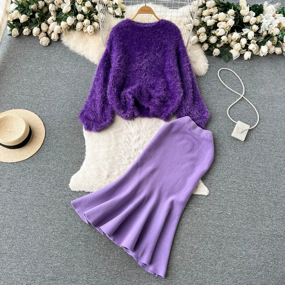 

Autumn and Winter New Fashion Retro Temperament Mink Fur Loose Sweater + Fishtail Half-body Skirt Two-piece Set