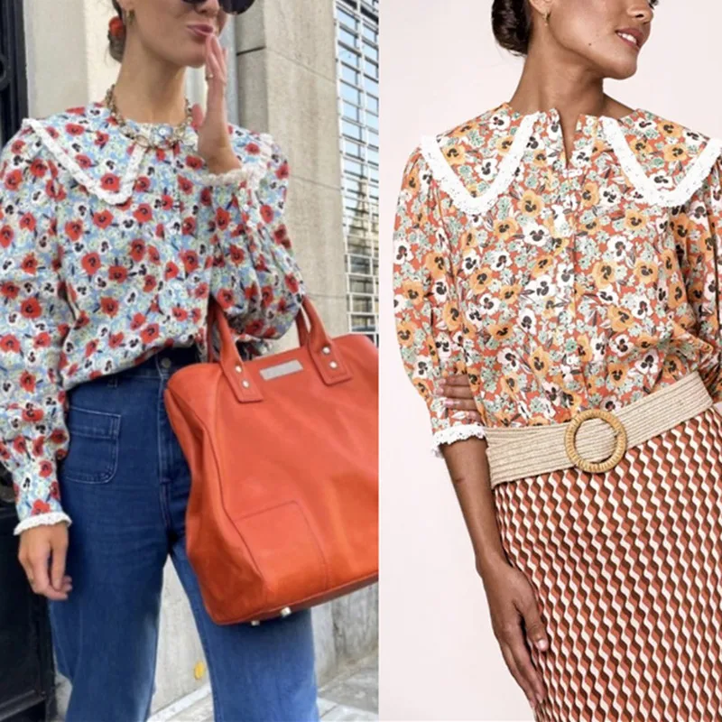

Floral Print Women Cotton Shirt tops Single Breasted Long or Half Sleeve Lace Peter pan Collar Chemise Sweet Female Blouse