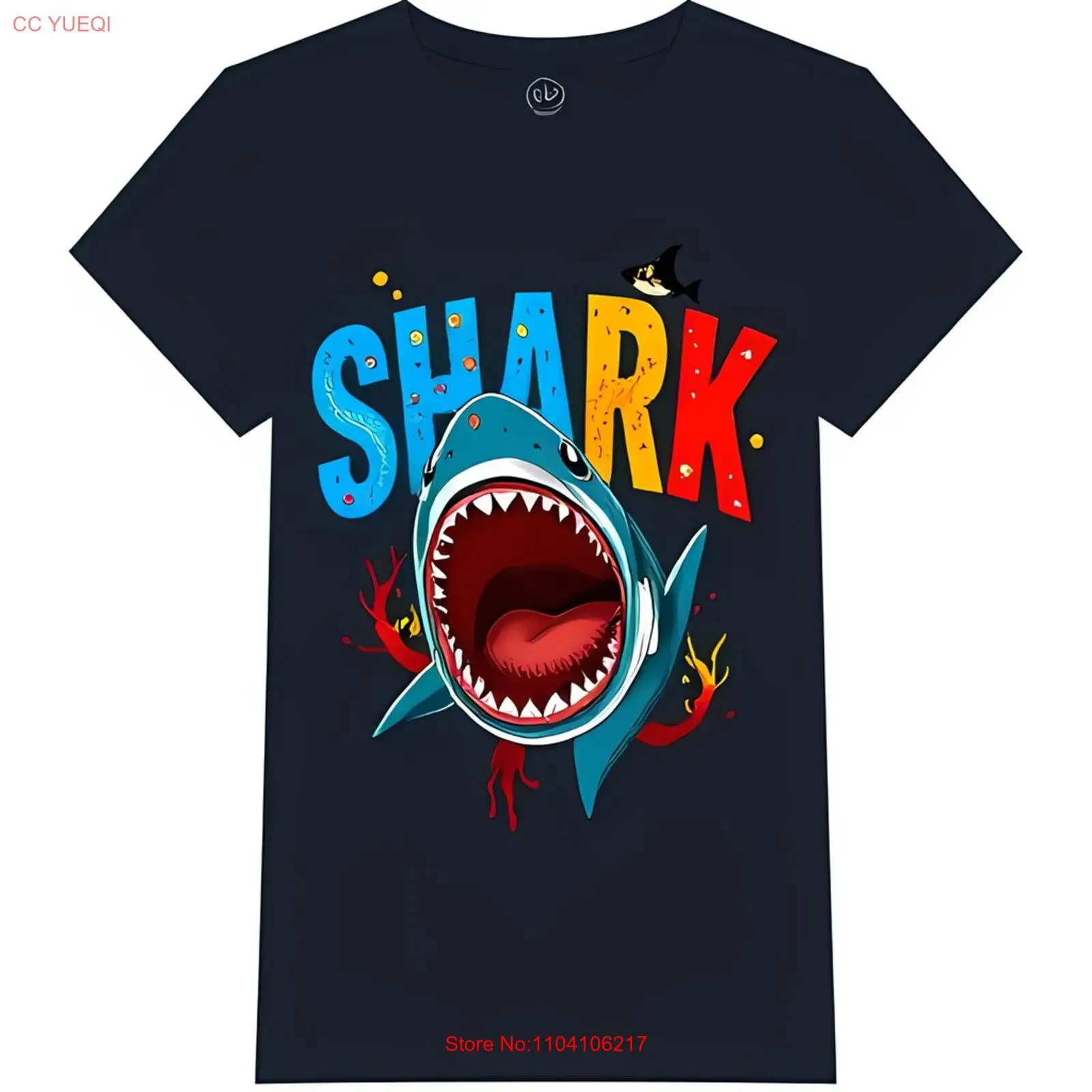 Синяя футболка с рисунком зубов и красочным дизайном. Веселая графика коралла