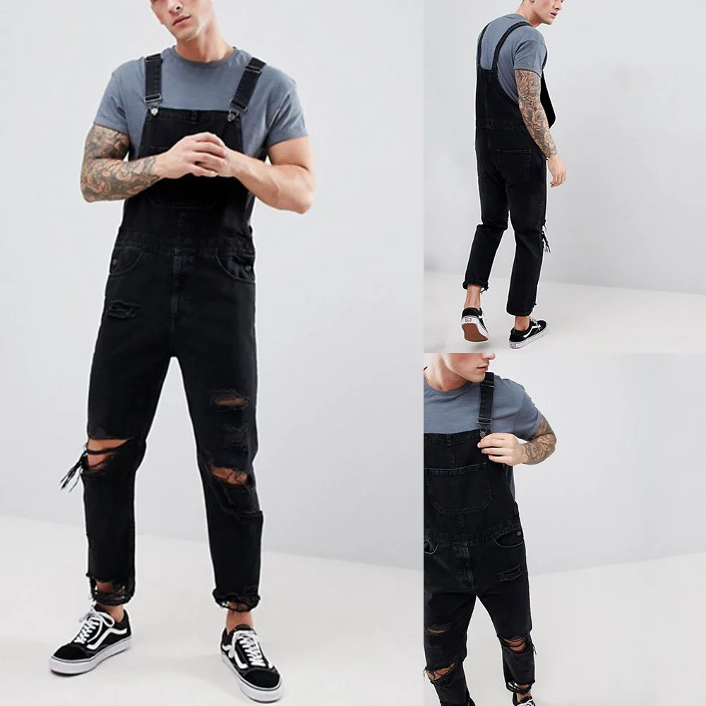 Fashionable Bibs Men Jeans Suspender Denim Jumpsuit Ripped Hole Pants Streetwear Full Length Overalls Black Trousers