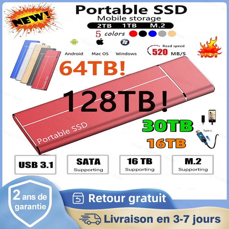 

Protable SSD High Speed Type-C USB3.1 16TB 2TB 1TB External Solid State Drive Mobile Storage Device Hard Drive for Laptop PS4