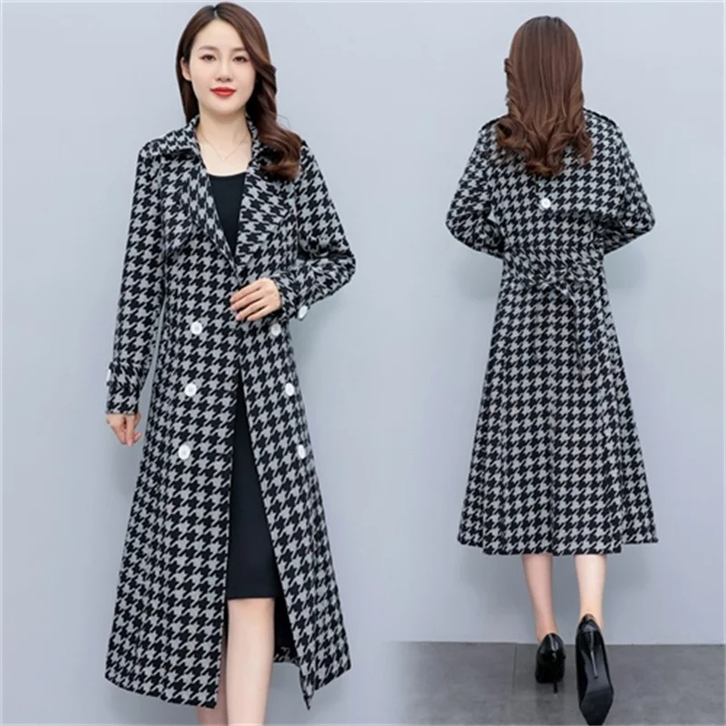 

Fashion Houndstooth Ladies Windbreaker Spring Autumn X-Long Trench Coat Women Waistband Slim Elegant Female Cloak Outerwear Tops