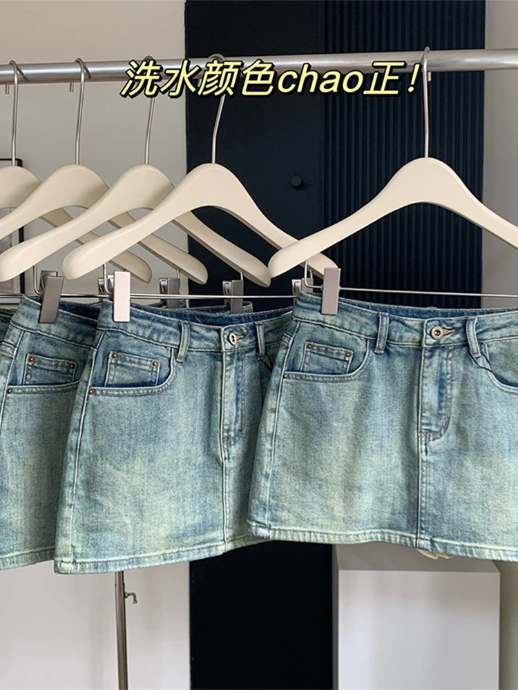 

American Style Retro Wash Blue Women Denim Skirts 2023 Summer New A-line High Waist Hot Girls Mini Skirt Streetwear Cozy Chic