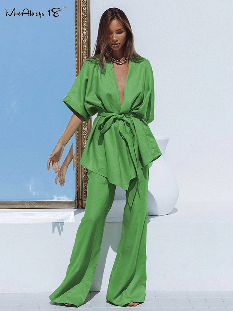 Mnealways18 Green Vacation Trousers Suits Casual 2 Pieces Suits Half Sleeves Wrap Shirts And Wide Leg Pants Summer Outfits 2022