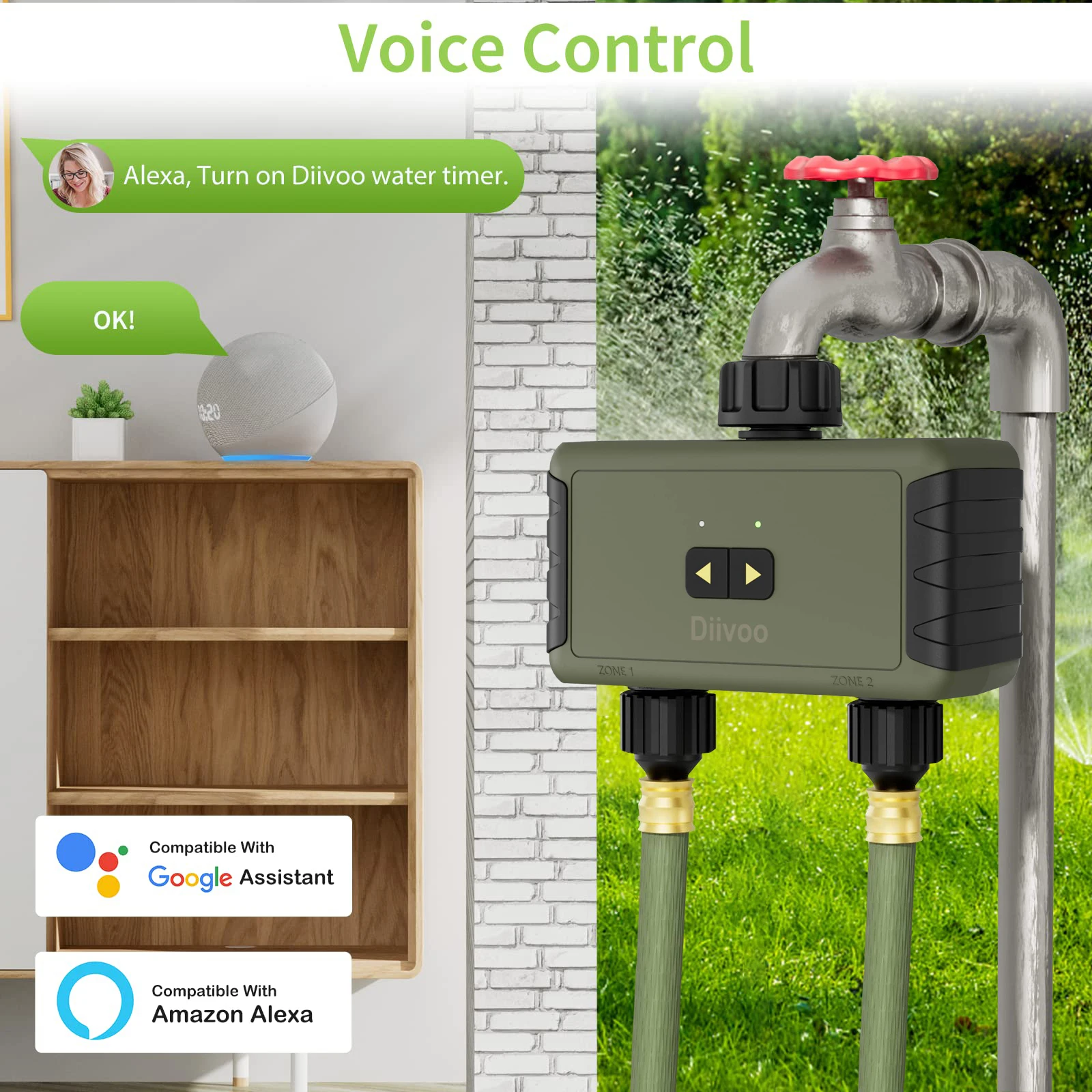

Diivoo WiFi 1/2 Zone Garden Drip Watering Timer Smart Garden Watering System Remoter Controller Automatic Irrigation