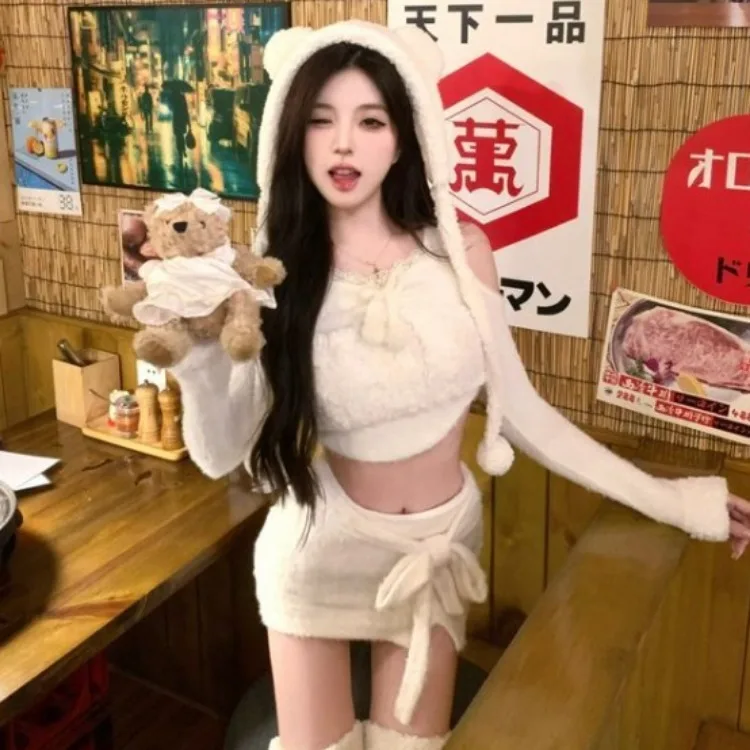 Женский комплект из трех предметов Топ с длинным рукавом и бантом овечьей шерсти