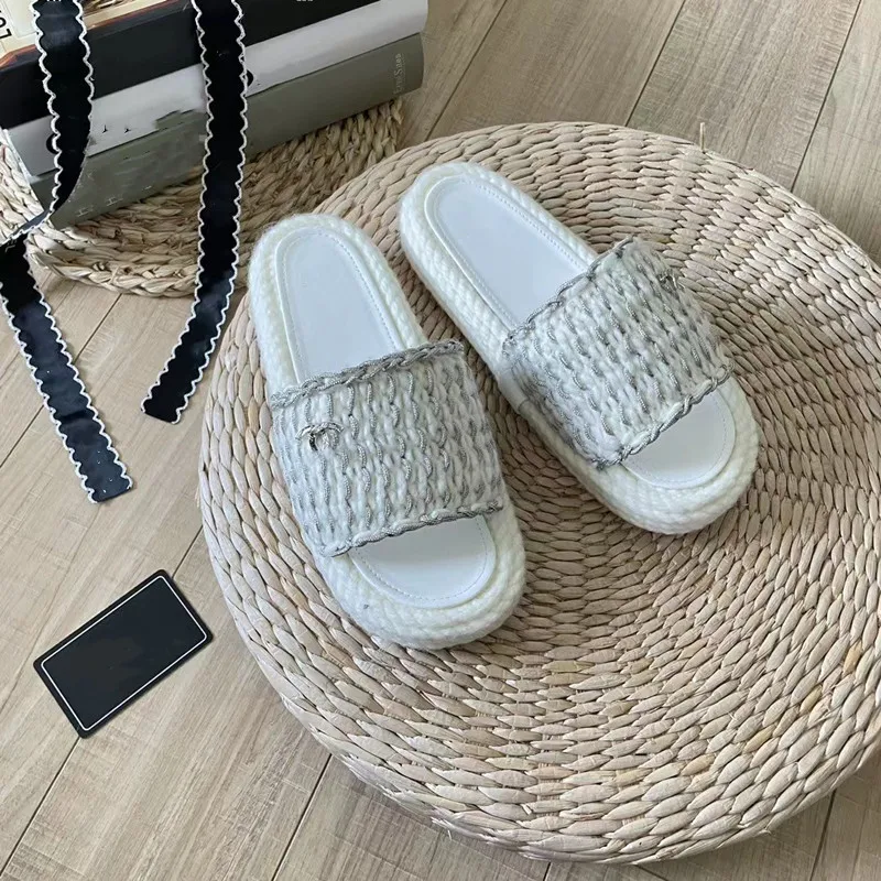 

Open Toe Women Flat Slippers Thick Sole Black Hemp Rope Weaving Chain Decor Designer Ladies Slides Vacation Beach Slippers Women