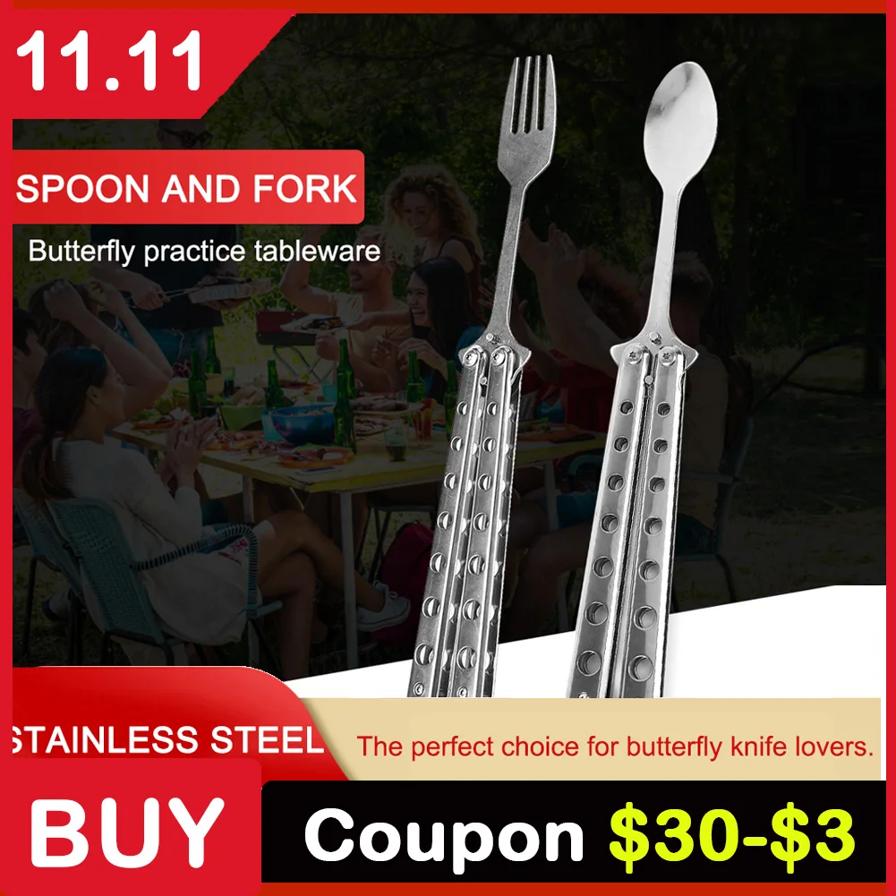 

Металлическая складная балисонг тренировочная Ложка Вилка Нож-бабочка тренировочная тренировка для кемпинга на открытом воздухе