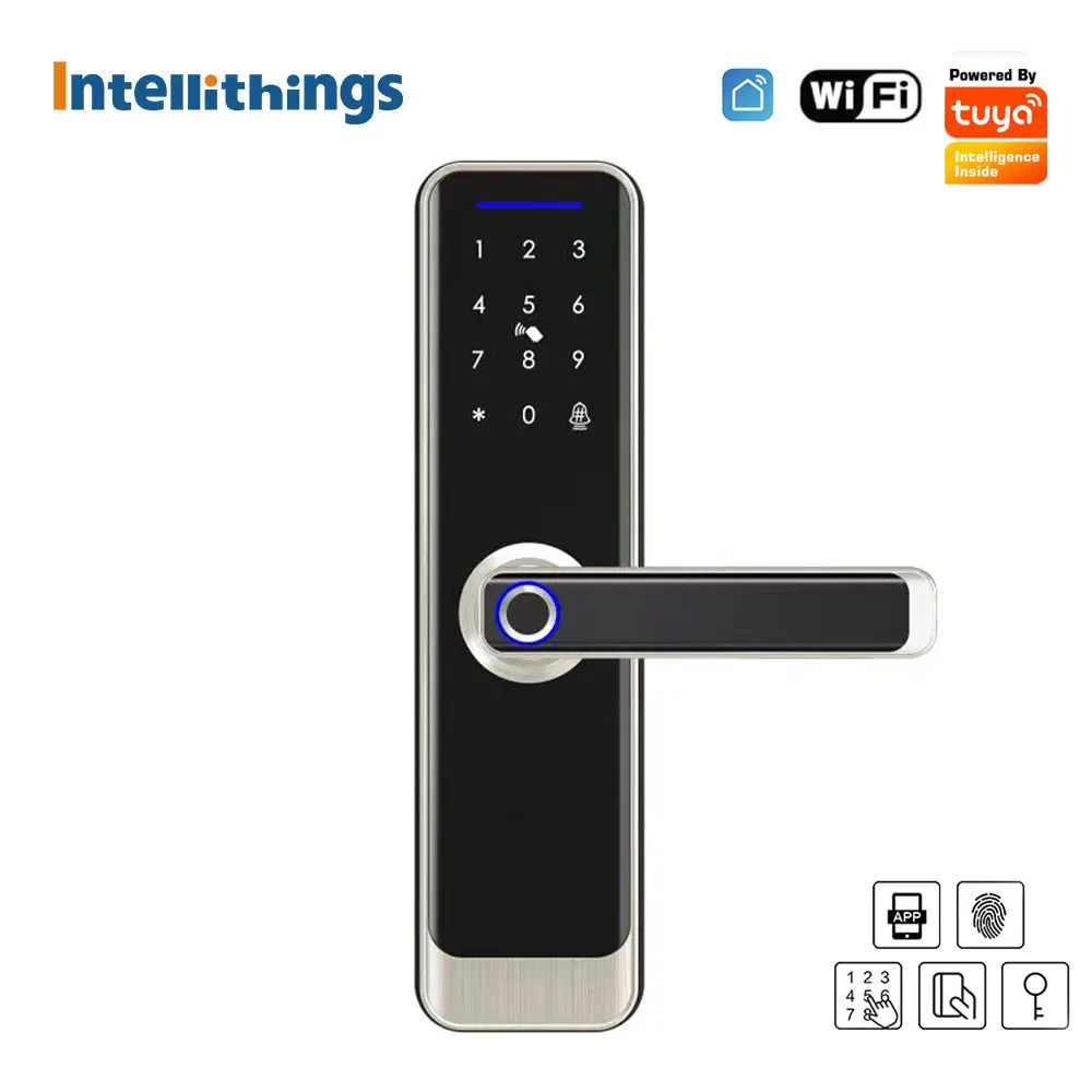 

Intellithings Tuya WiFi Smart Electronic Door Lock with Doorbell Biometric Fingerprint Key IC Card Password APP Remote Unlock