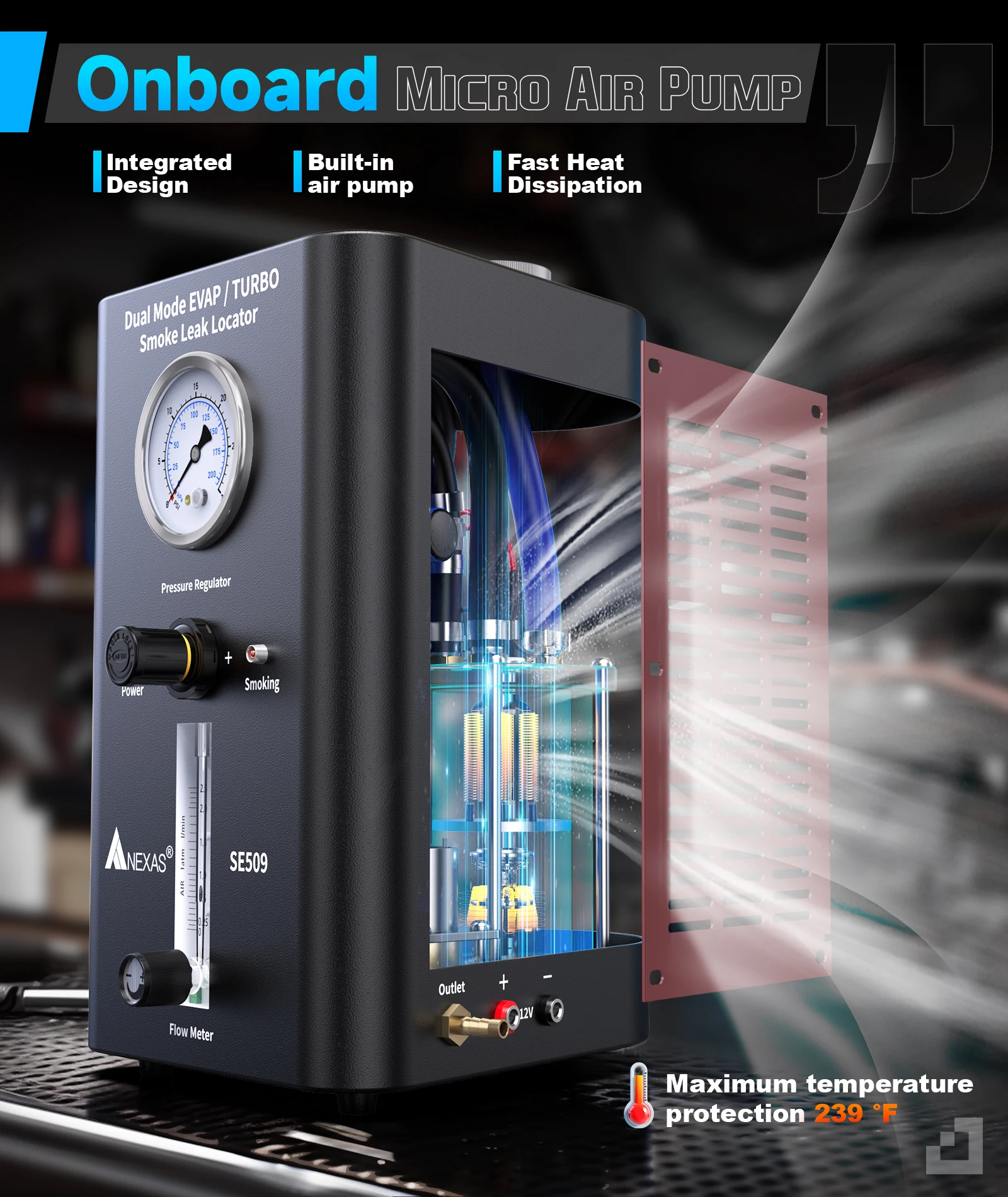 Автомобильный детектор утечки дыма NEXAS SE509 DUAL MODE EVAP TURBO со встроенным 2 воздушными