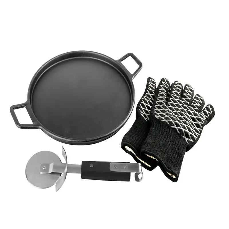 

Cast Iron Pizza Stone, Round Griddle, Skillet with Handles, Pizza Cutter, 932F Heat Resistant Gloves