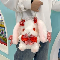 cartoon strawberry rabbit plush satchel bag japanese style cute pearl chain bow bunny plushie messenger bag gift for girls