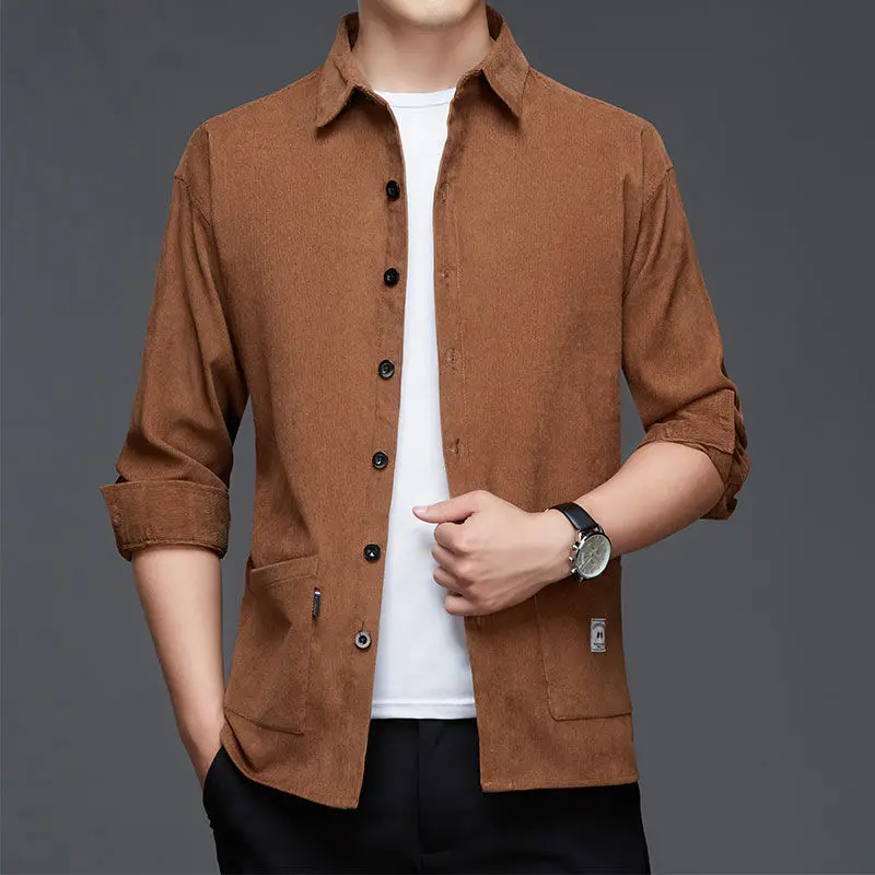 Stylish Solid Color Lapel Button Spliced Pockets Shirt Men's Clothing 2022 Autumn New Oversized Casual Tops Loose Korean Shirts