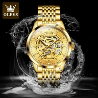 olevs mens watches top luxury gold strap waterproof watch skeleton solid steel strap automatic mechanical watch steampunk 9920