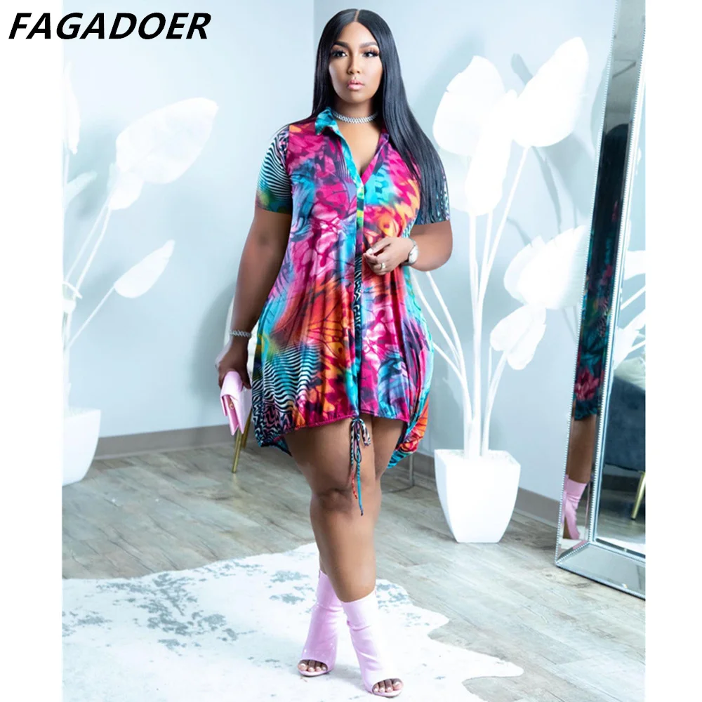 

FAGADOER Bohemian Floral Shirt Dress Mini Women Plus Size Dresses Lace Up Buttons Casual 2022 Summer Dress Short Sleeve Vestidos