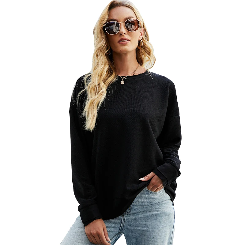 

CYDNEE Youg Style Solid Color Hoodies Women's Casual Loose Round Neck Long-sleeved Tide SweatShirts Black Lady Tops