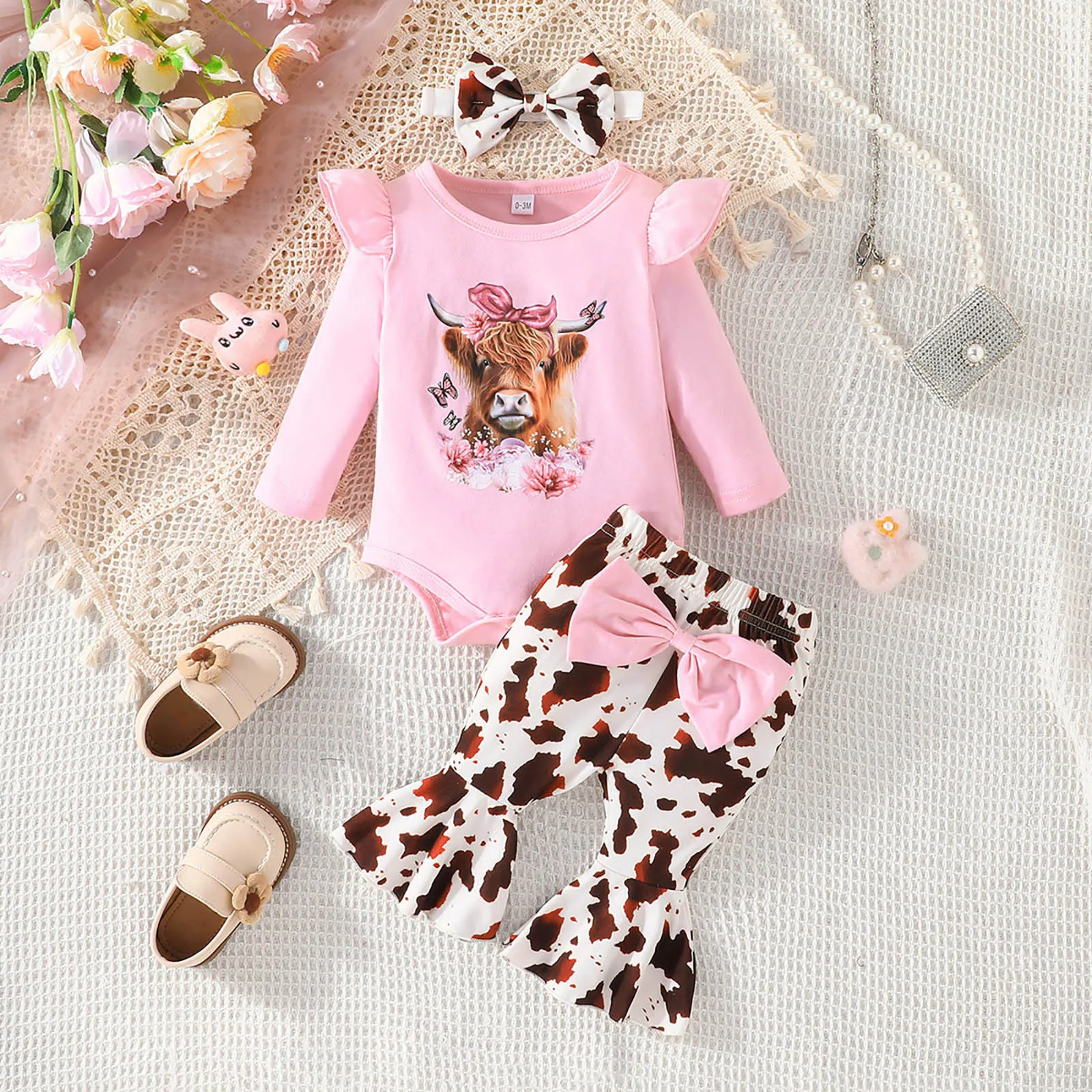 

3Pcs Newborn Clothes Baby Girl Clothes Sets Infant Outfit Ruffle Romper Top Bow Leopard Pants Headband New Born Toddler Clothing