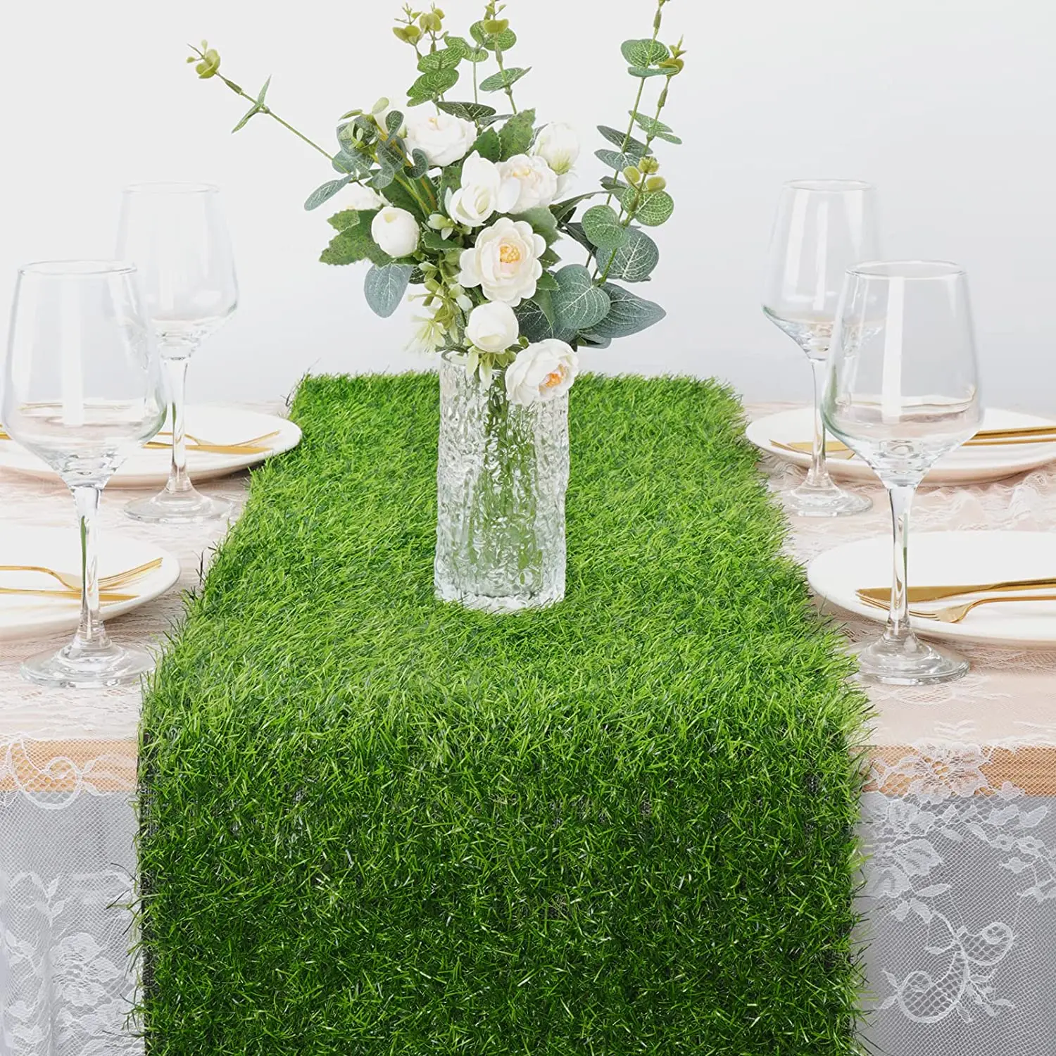 

35*120cm Artificial Grass Dining Table Runner Simulation Green Table Decoration for Wedding Banquet Holiday Party Indoor/Outdoor