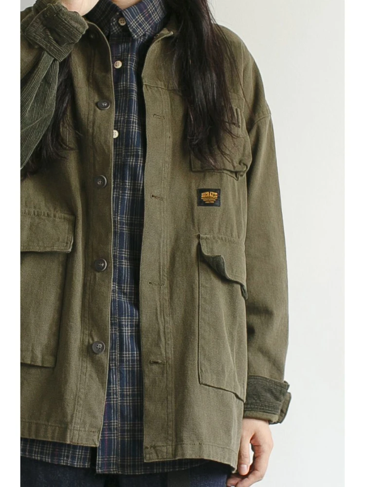 

ZCSMLL Japanese Vintage Fashion Green Jacket Women's Autumn Unisex Loose Short Coat with Patchwork Tops Trendy Men