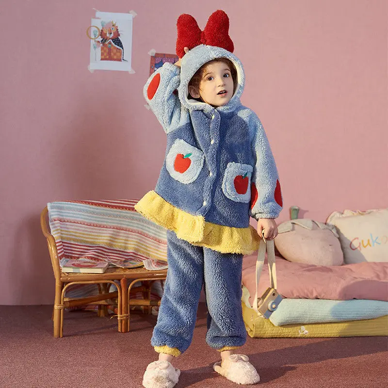 Sleepwear Thicken Children Nightgown Hooded Design Comfortable Soft Keep Warm Suit Side Pocket Store Item