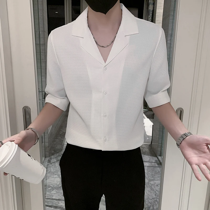 

Рубашка мужская с V-образным вырезом, модная сорочка с рукавом до локтя, приталенная Повседневная, однотонная, для вечевечерние, смокинг, ули...