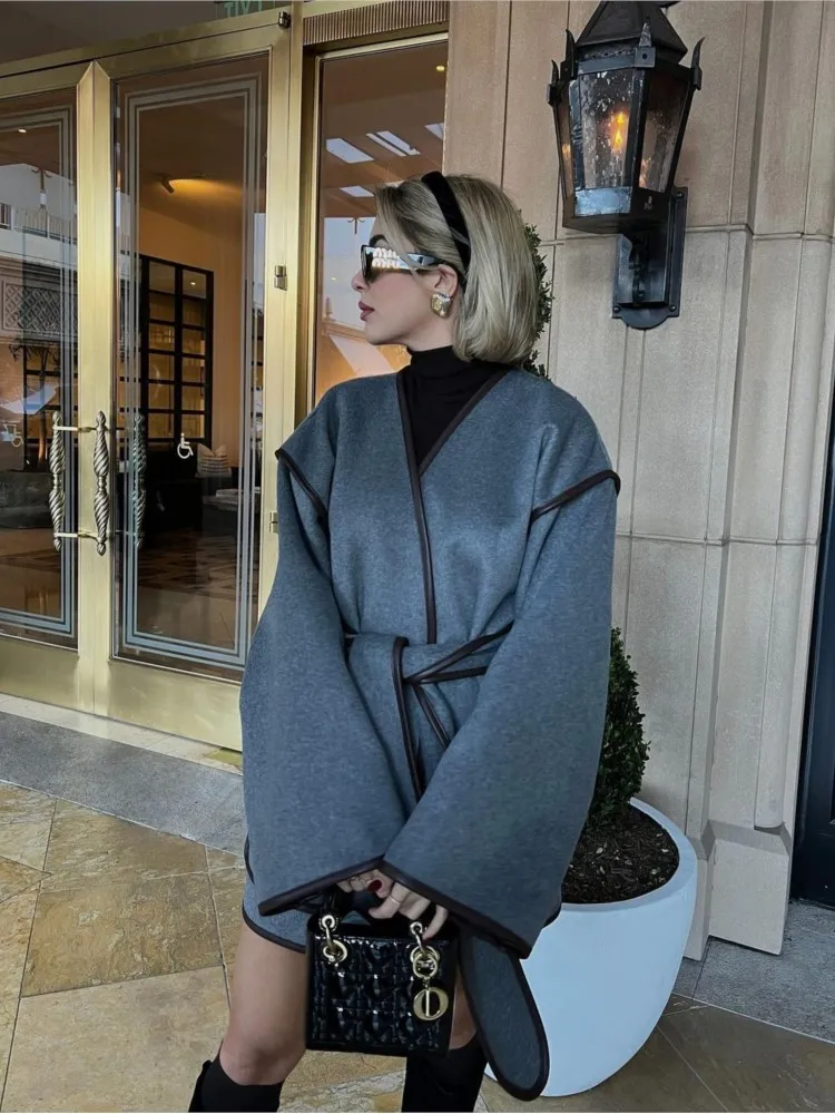 Шерстяное пальто на шнуровке куртка с завязкой талии цветное лоскутное со