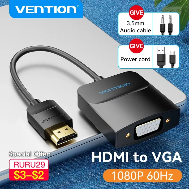 

NEW2023 Vention HDMI to VGA Adapter 1080P HD Male to VGA Female Converter With 3.5 Jack Audio Cable for Xbox PS4 PC Laptop Proje
