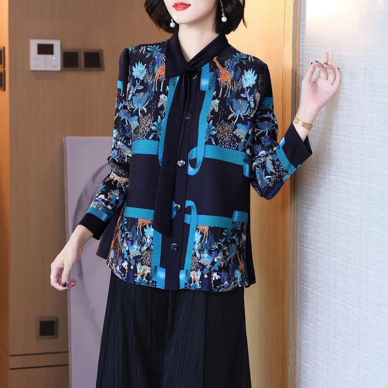 

Женский однобортный Топ с принтом, плиссированный Свободный Топ миаке с отложным воротником и длинным рукавом, осень 2022