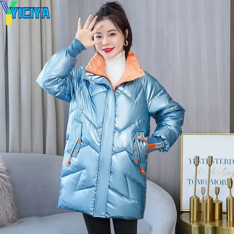 YICIYA Parkas For Women 2023 New Winter Jacket Glossy Long Coat Cotton Padded Casual Jackets Thick Warm Female Overcoat Outwear