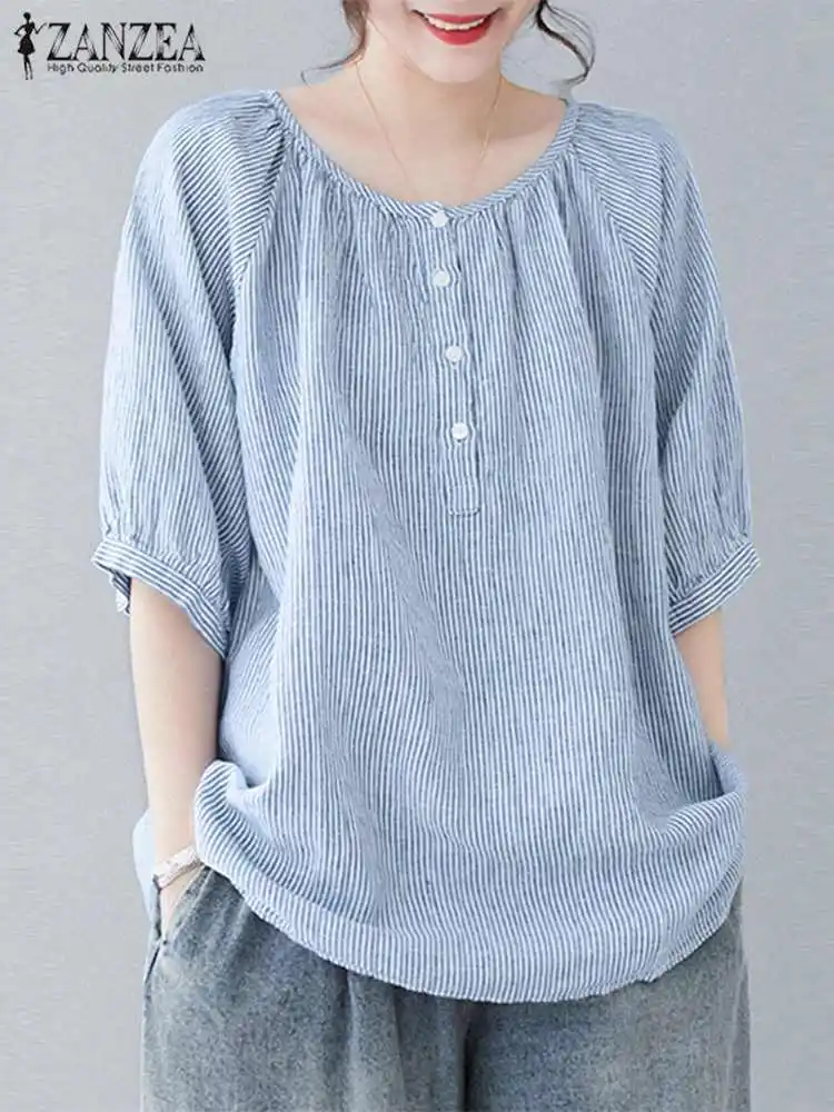

Летняя женская блузка в полоску, повседневная Праздничная рубашка с круглым вырезом, Женская туника на пуговицах, элегантная женская блузка