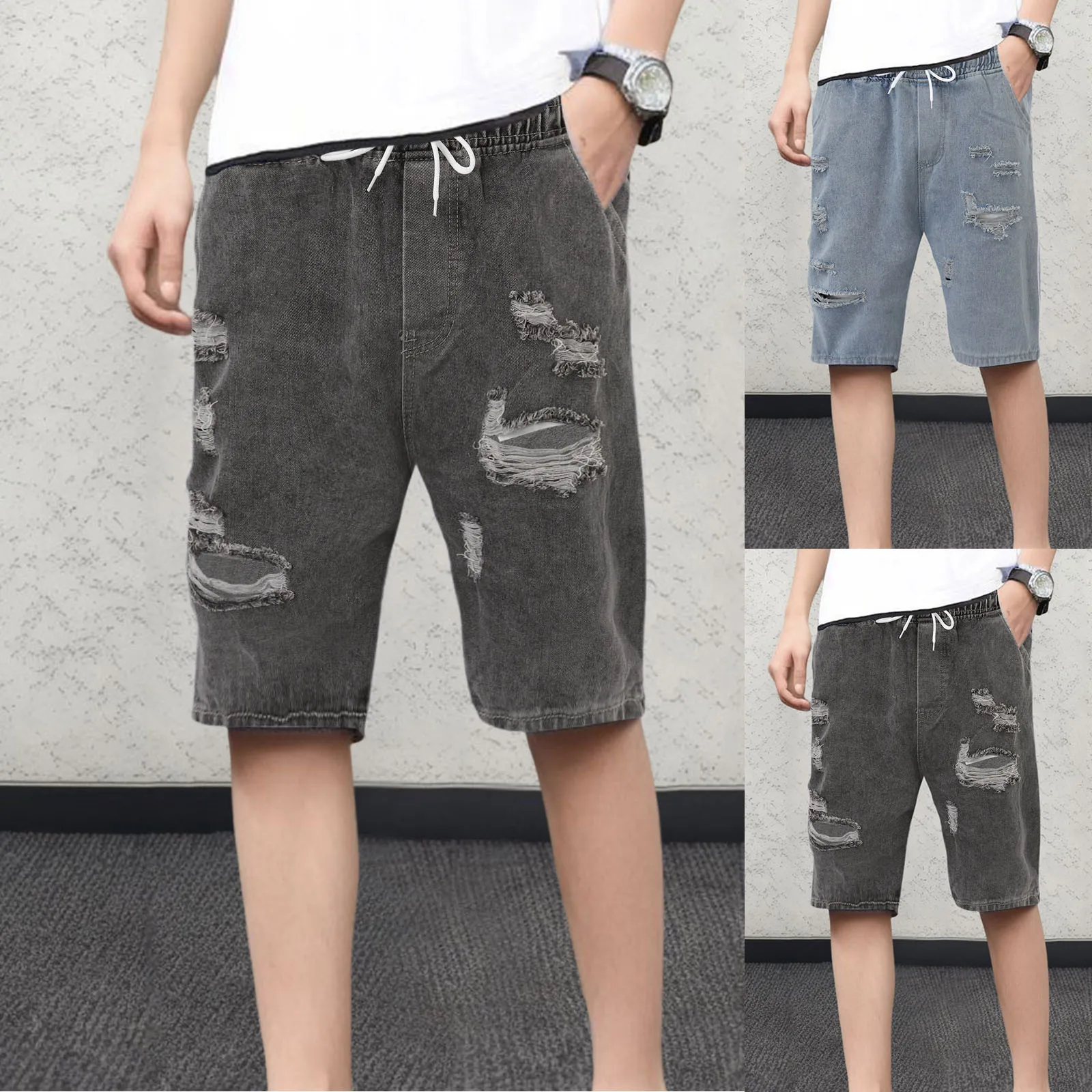 

Mens Summer Casual Fashion Loose Ripped Cargo Denim Quarter Shorts Man of Men
