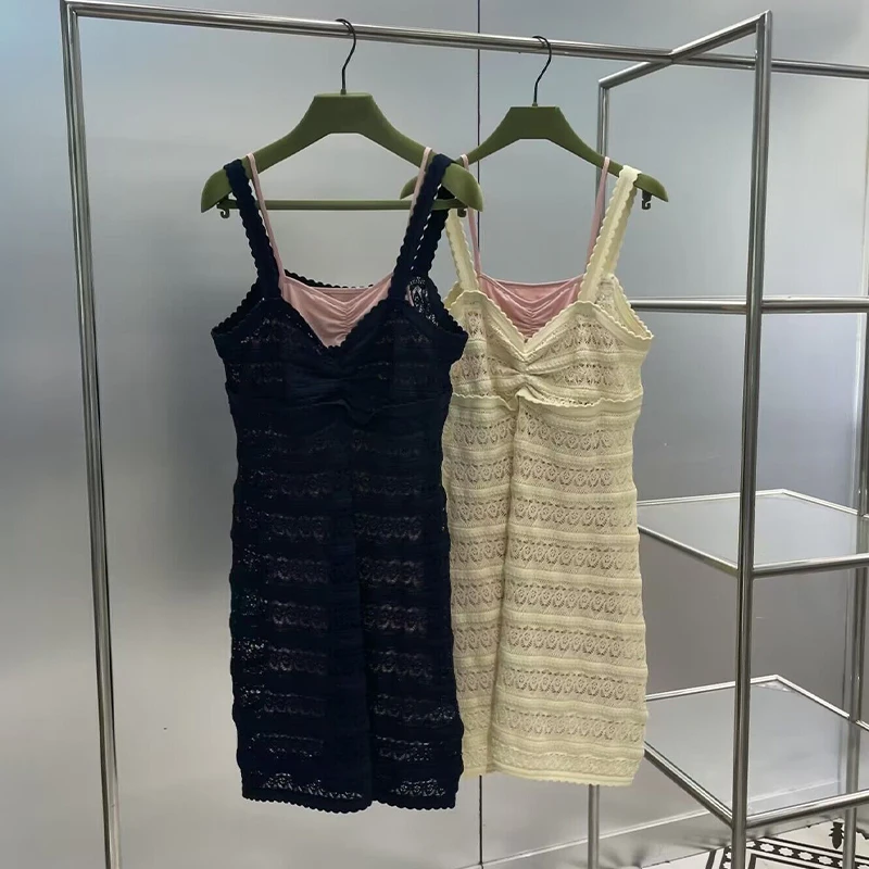

V-neck Camisole Hollow Out Dress For Women Spaghetti Strap Two Piece Solid Sexy One-Piece