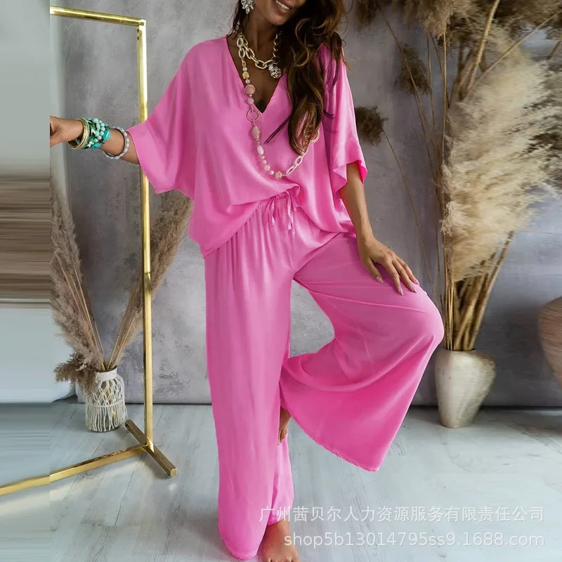 

Женский элегантный летний осенний спортивный костюм Mandylandy, домашняя одежда, модная рубашка, топ + широкие брюки с завязками на талии, компле...