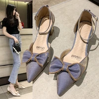2022 spring and summer new pointed toe banquet shoes thick heel sandals black head hollow button single shoes womens high heels