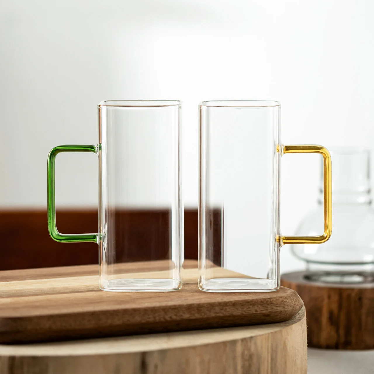 

400ml Square Transparent Glass Mug Breakfast Milk Coffee Cup Microwave Safe Party Beer Mug with Golden Green Handle Teacups