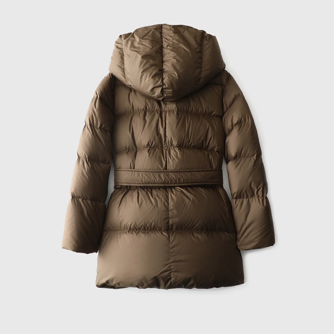 Down Jacket New National Standard 90 White Duck Down Hooded Belt Female One Hand Long Waist Thickening Fashionable Jacket