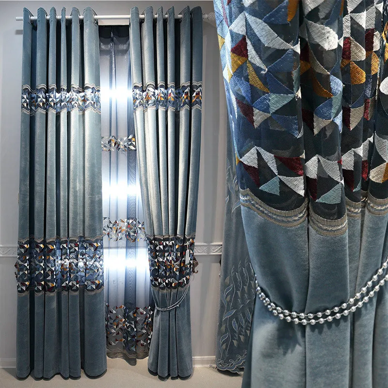 

Light Luxury Geometric Embroidery Hollow Half Blackout Curtains For Living Room Dining Room Modern Bedroom Cashmere Cloth Drapes