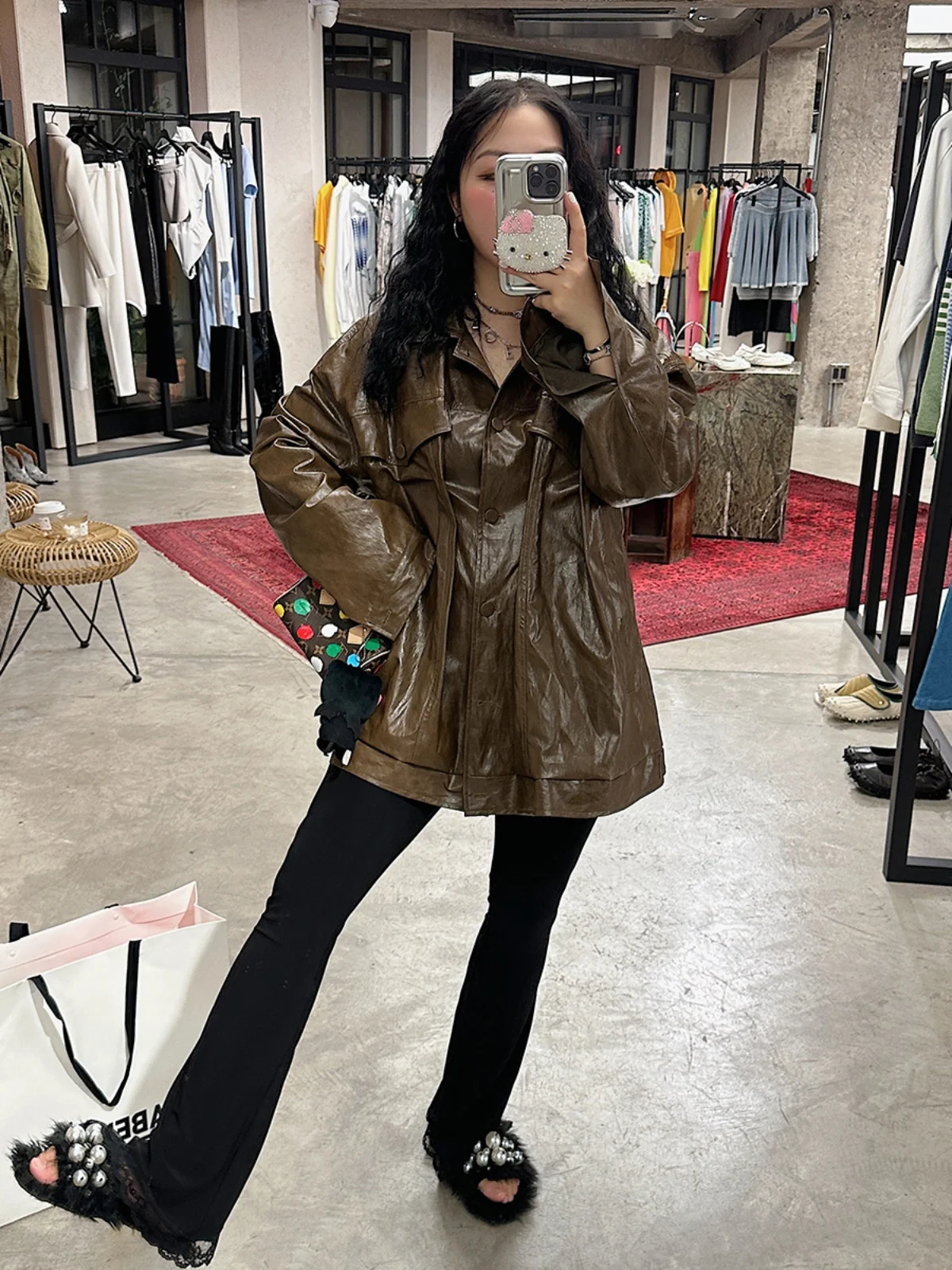 Gold Day Zhi Retro Biker Jacket Women's Spring Autumn Design Slim Fit Coffee Color Motorcycle Clothes Long Sleeve PU Leather |
