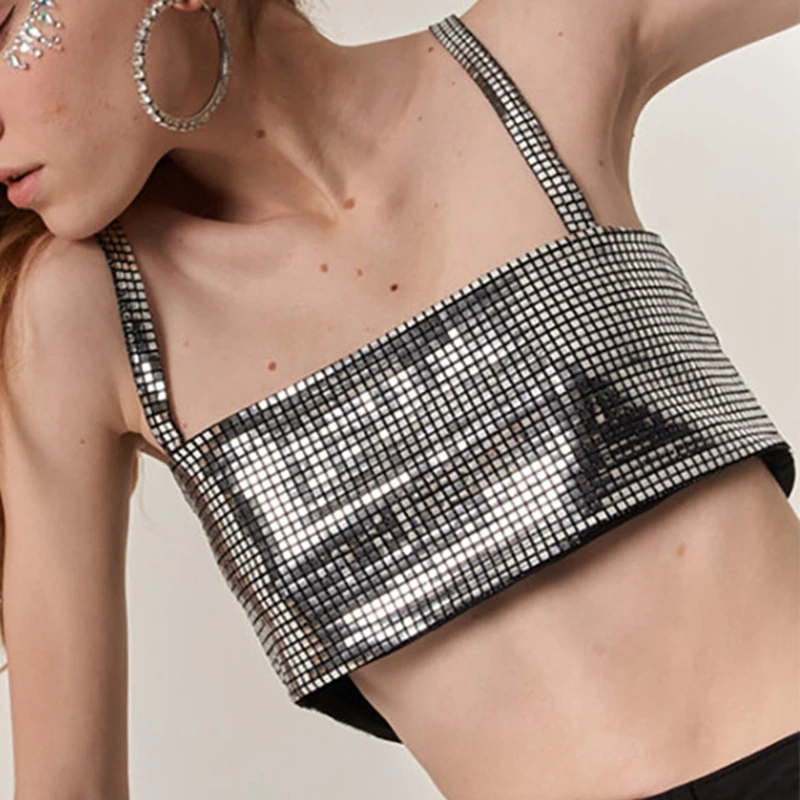 

Sexy Sequins Cami Top Women Summer Sleeveless Square Neck Loose Hem Backless Crop Top Club Party Streetwear Female Vest Clothes