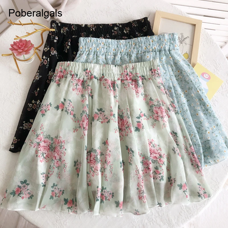 

Ruffles mini printed Skirts women 2022 summer new sweet floral elastic high waist thin skirt a-line beach short skirt women