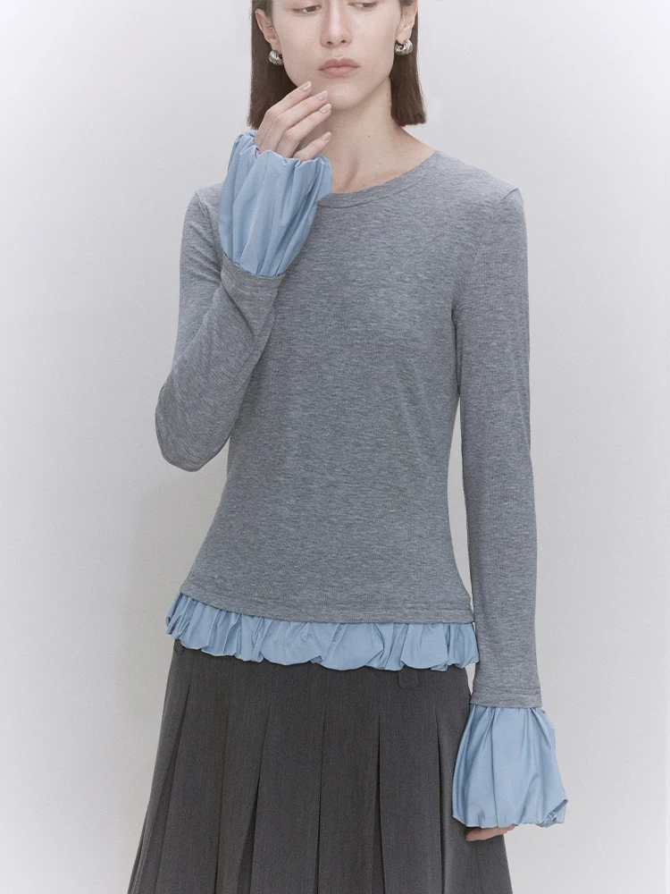 Someone Sometimes Fleece Original Contrast Color Flower Bud Sleeve Patchwork round Neck Knitted Top