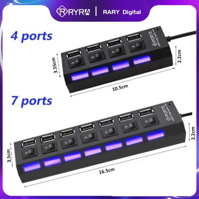 RYRA USB2.0 Hub USB Hub 2.0 Multi USB Splitter Hub Use Power Adapter 4/7Port Multiple Expander USB2.0 Hub With Switch 30CM Cable