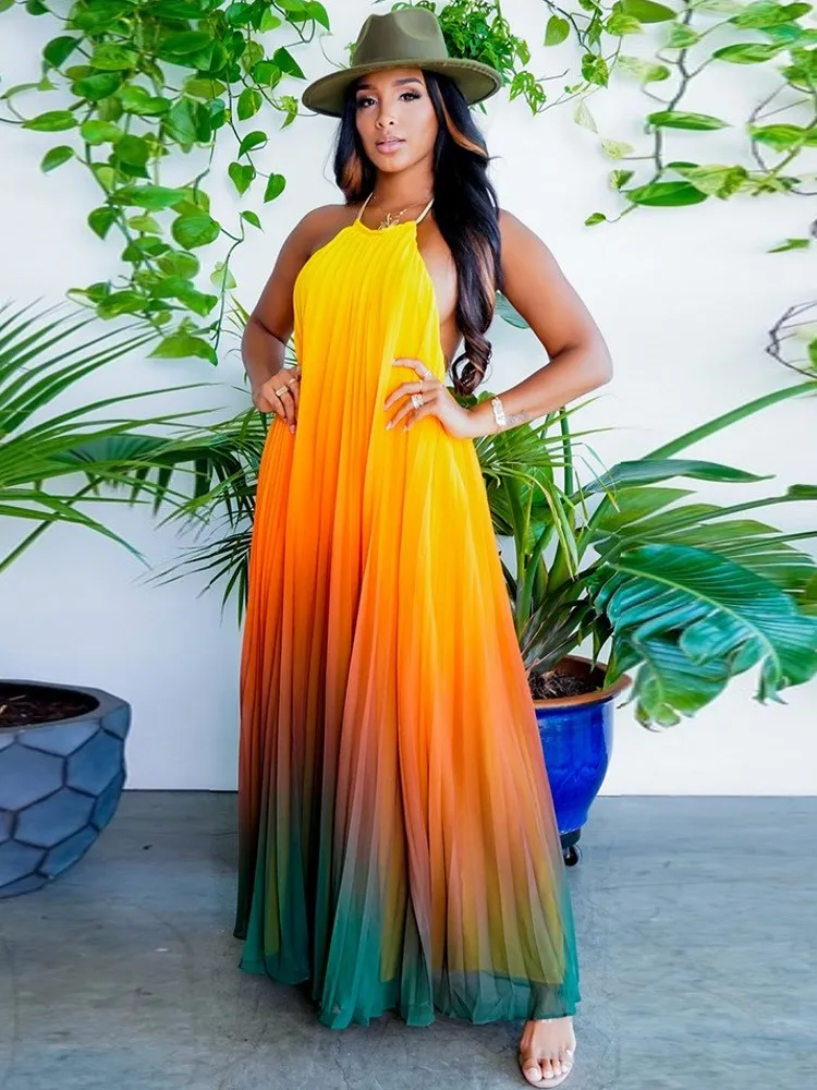 

2022 Summer African Dresses For Women Halter Neck Sexy Party Pleated Dress Tunic Night Club Sleeveless Long Maxi Dresses